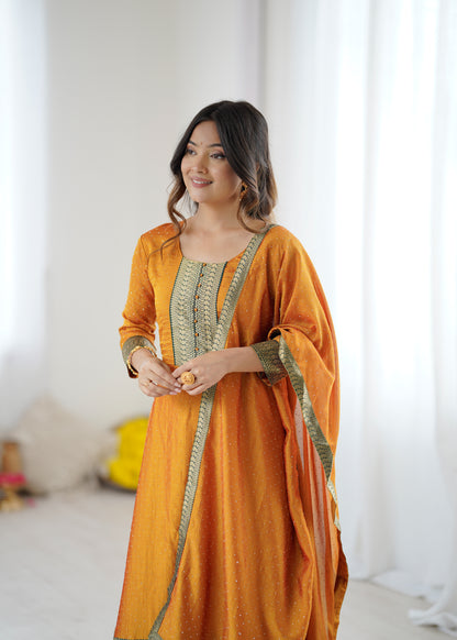 Premium Quality Yellow Bluming Vichitra fabric with Jacquard Weaving Lace Border Duptta Gown