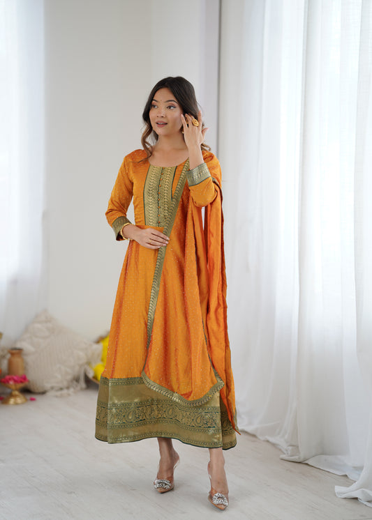 Premium Quality Yellow Bluming Vichitra fabric with Jacquard Weaving Lace Border Duptta Gown