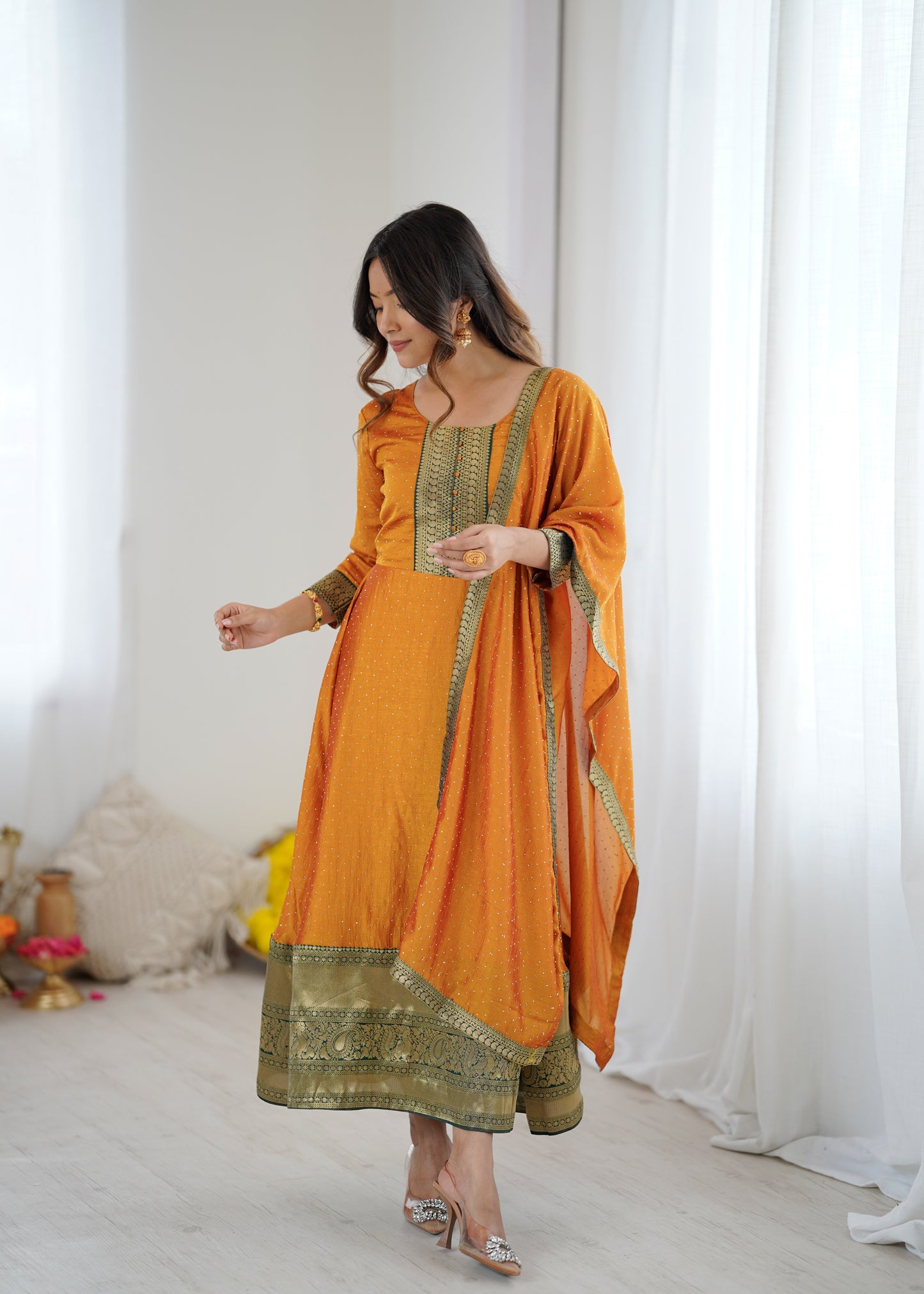Premium Quality Yellow Bluming Vichitra fabric with Jacquard Weaving Lace Border Duptta Gown