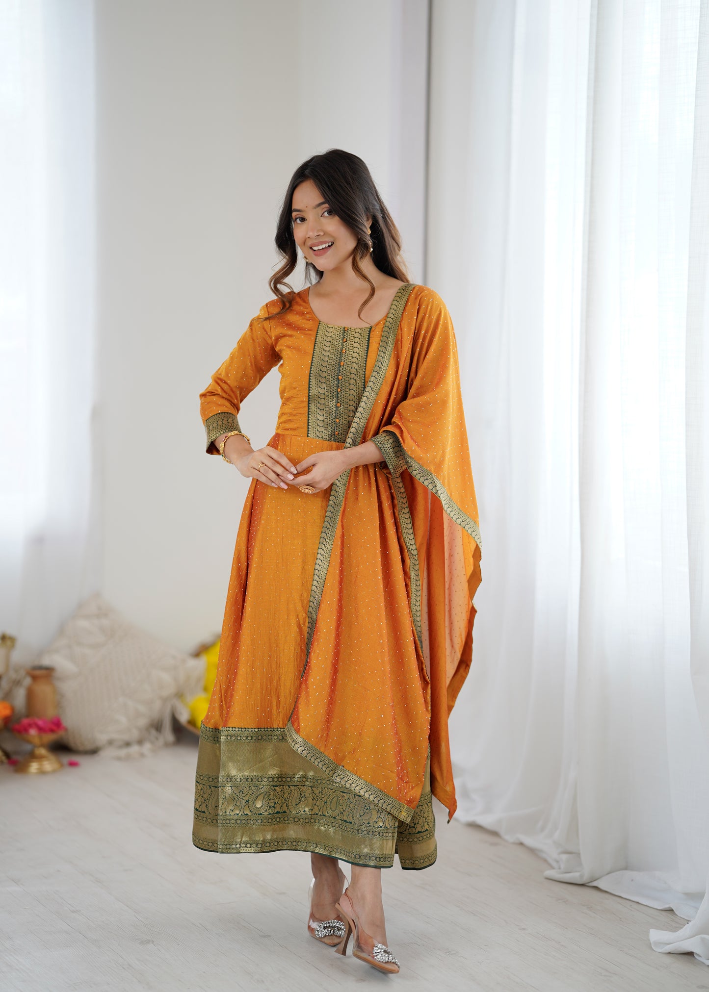 Premium Quality Yellow Bluming Vichitra fabric with Jacquard Weaving Lace Border Duptta Gown