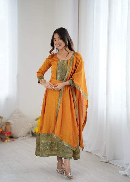 Premium Quality Yellow Bluming Vichitra fabric with Jacquard Weaving Lace Border Duptta Gown