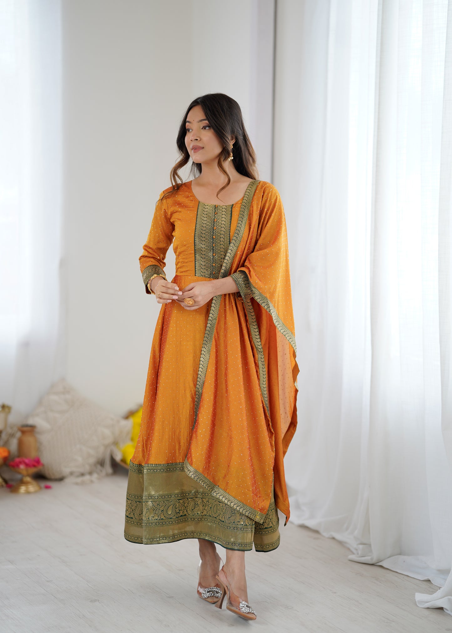 Premium Quality Yellow Bluming Vichitra fabric with Jacquard Weaving Lace Border Duptta Gown