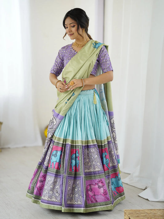 Trendy Kalamkari Lehenga with Contrast Blouse | Lightweight & Stylish