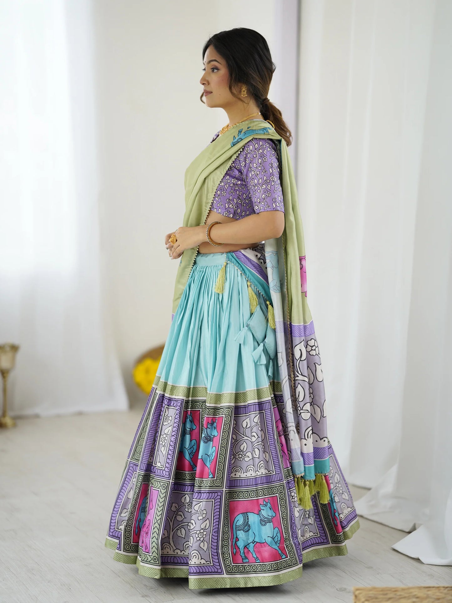 Trendy Kalamkari Lehenga with Contrast Blouse | Lightweight & Stylish