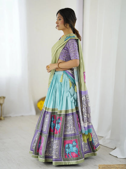 Trendy Kalamkari Lehenga with Contrast Blouse | Lightweight & Stylish