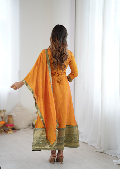 Premium Quality Yellow Bluming Vichitra fabric with Jacquard Weaving Lace Border Duptta Gown