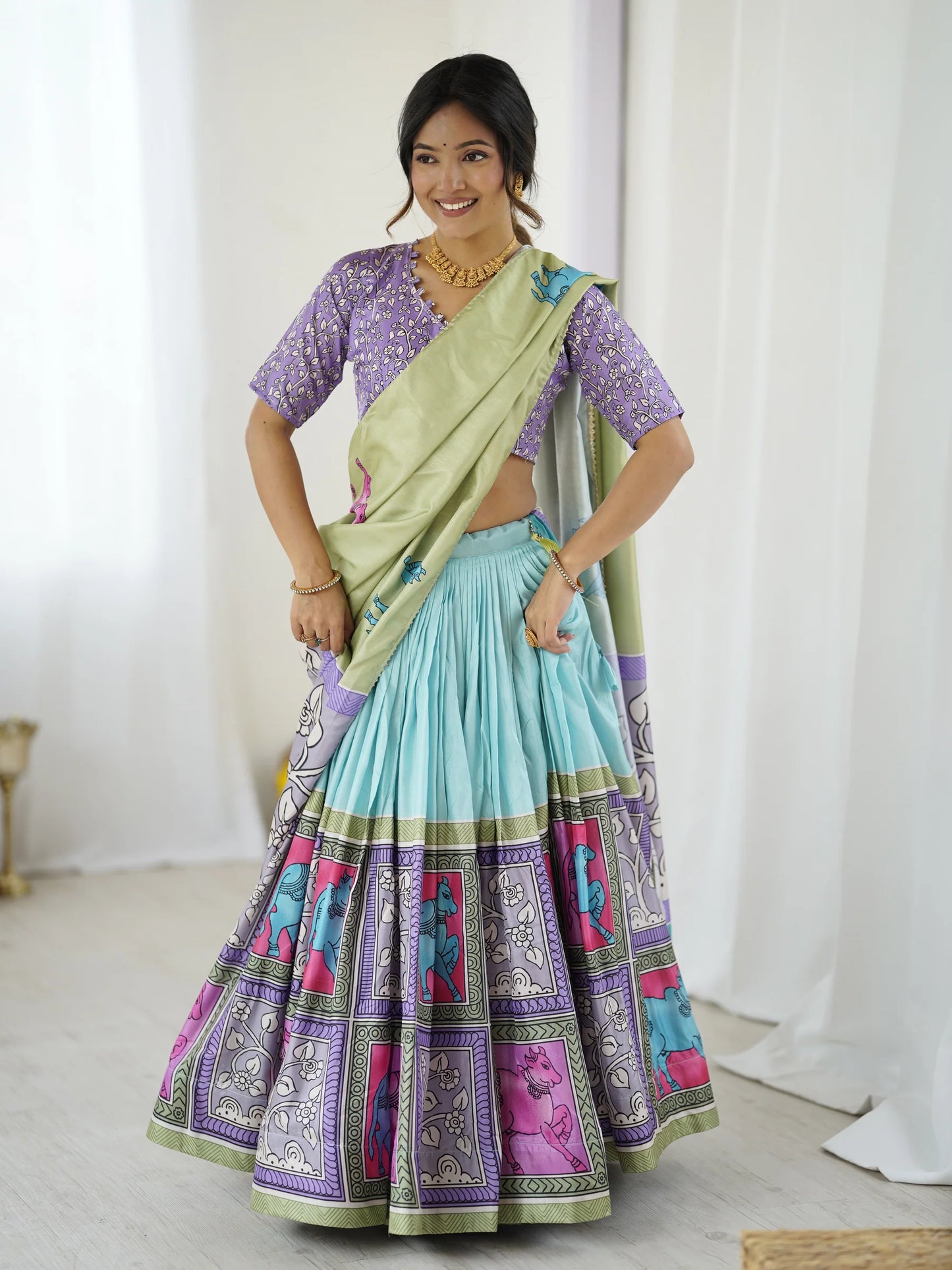 Trendy Kalamkari Lehenga with Contrast Blouse | Lightweight & Stylish