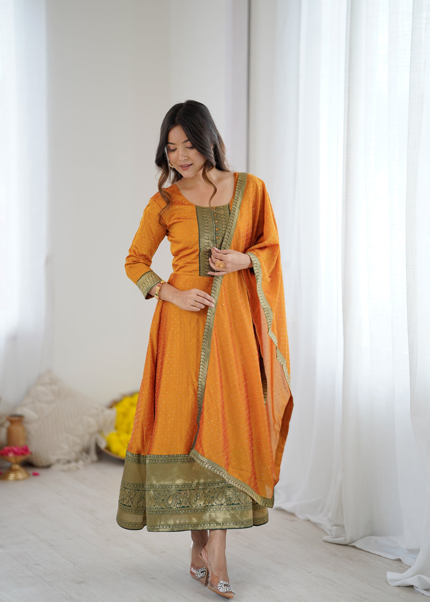 Premium Quality Yellow Bluming Vichitra fabric with Jacquard Weaving Lace Border Duptta Gown