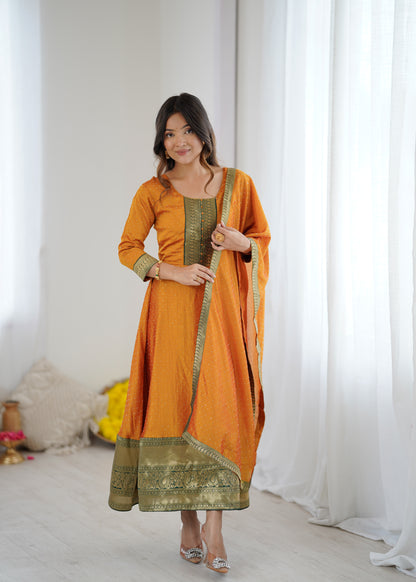 Premium Quality Yellow Bluming Vichitra fabric with Jacquard Weaving Lace Border Duptta Gown