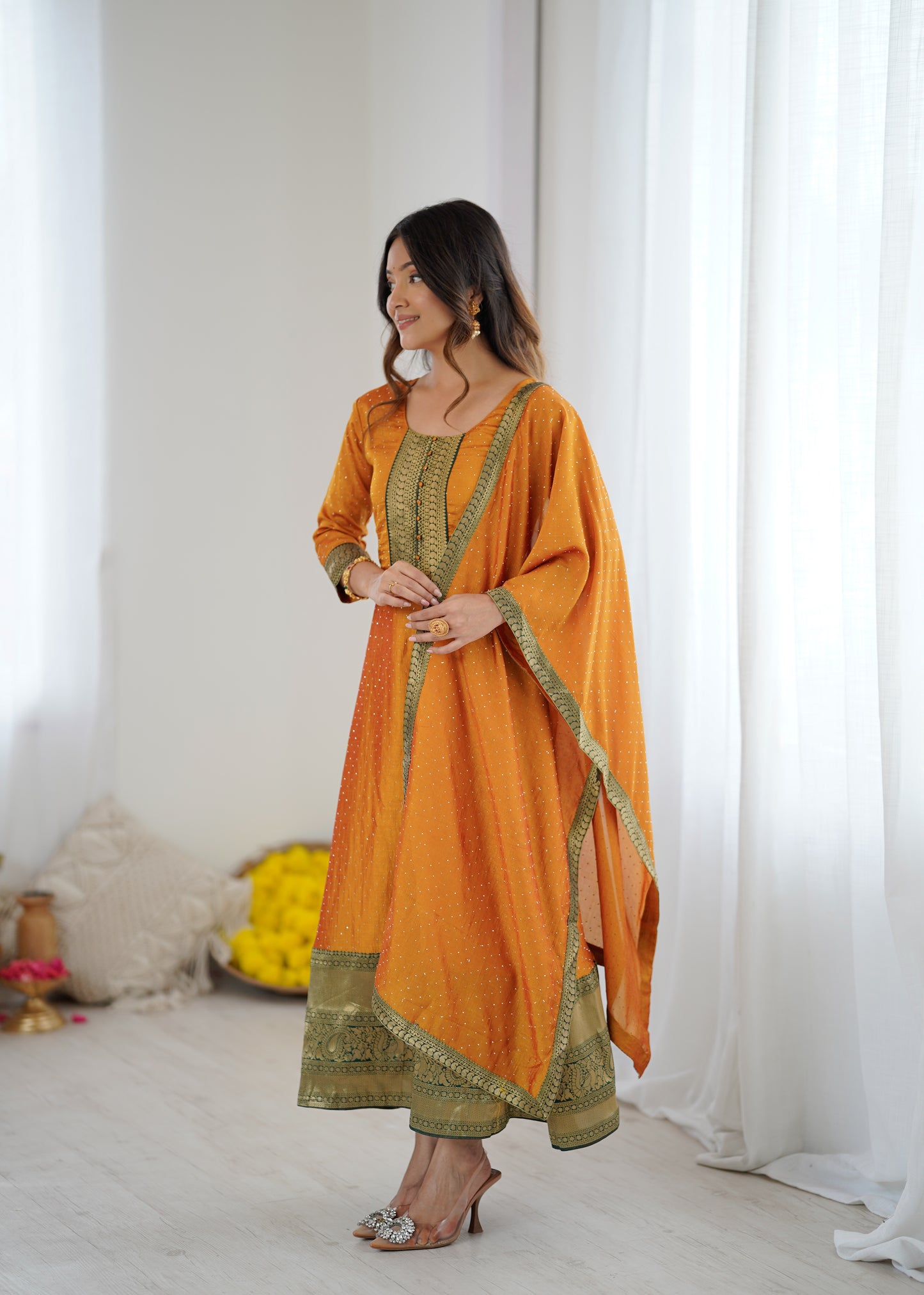 Premium Quality Yellow Bluming Vichitra fabric with Jacquard Weaving Lace Border Duptta Gown
