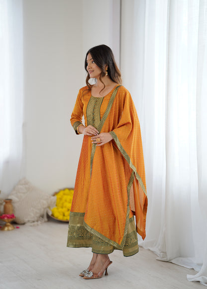 Premium Quality Yellow Bluming Vichitra fabric with Jacquard Weaving Lace Border Duptta Gown
