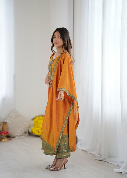 Premium Quality Yellow Bluming Vichitra fabric with Jacquard Weaving Lace Border Duptta Gown