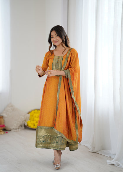 Premium Quality Yellow Bluming Vichitra fabric with Jacquard Weaving Lace Border Duptta Gown
