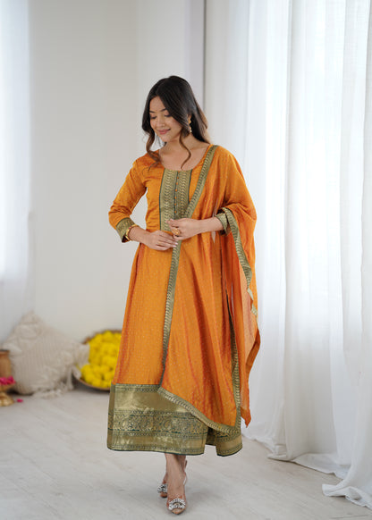 Premium Quality Yellow Bluming Vichitra fabric with Jacquard Weaving Lace Border Duptta Gown