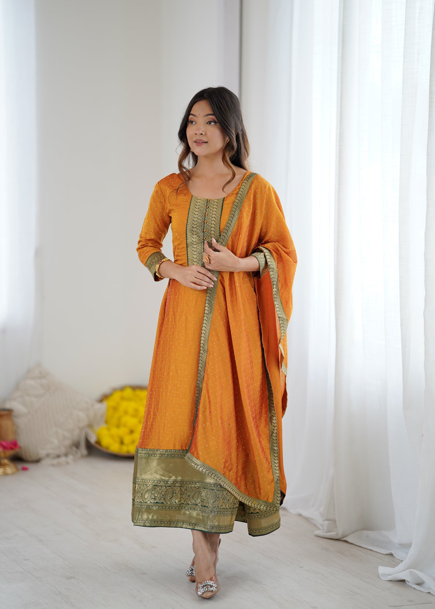 Premium Quality Yellow Bluming Vichitra fabric with Jacquard Weaving Lace Border Duptta Gown