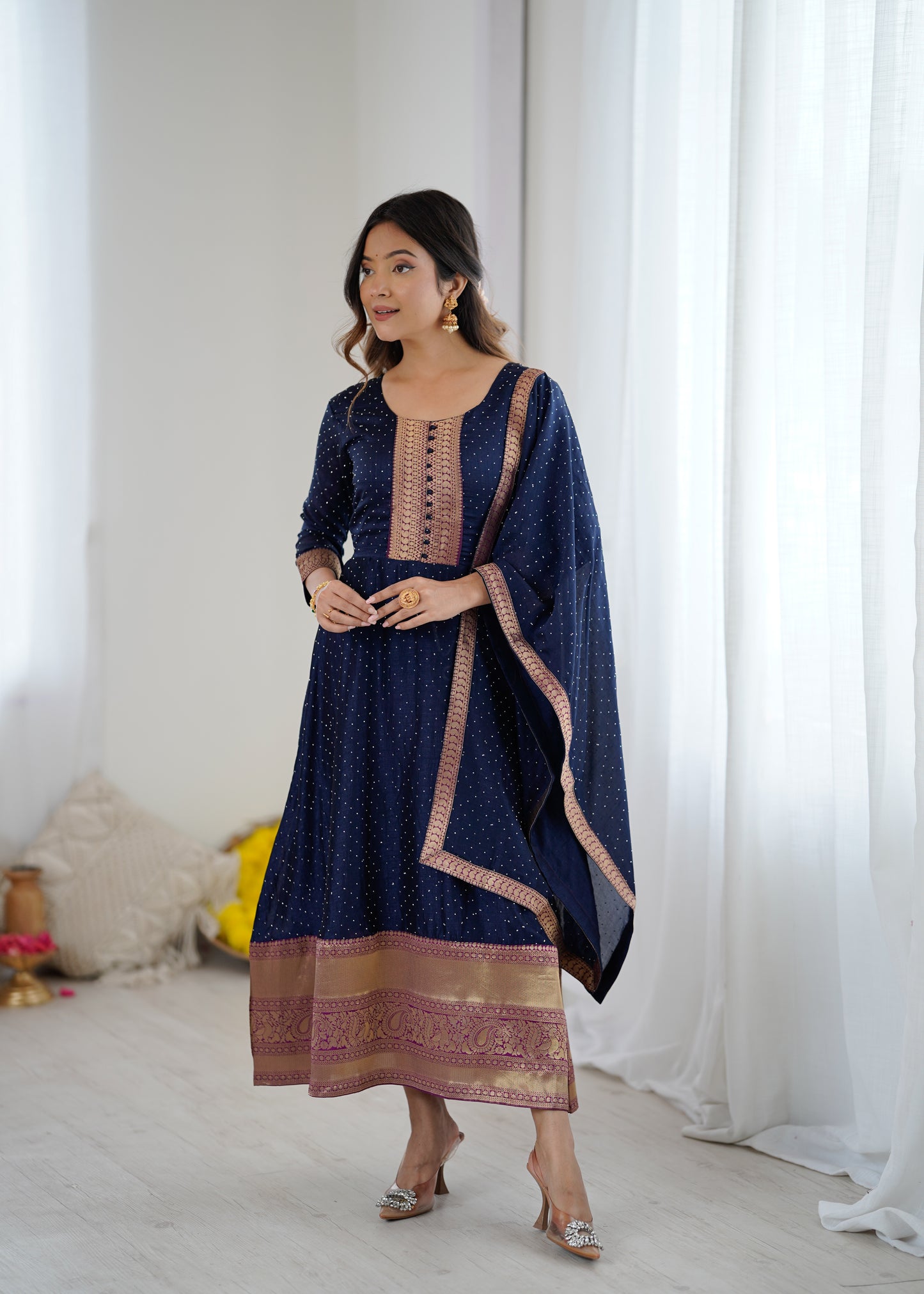 Premium Quality Neavy Blue Bluming Vichitra fabric with Jacquard Weaving Lace Border Duptta Gown