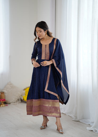 Premium Quality Neavy Blue Bluming Vichitra fabric with Jacquard Weaving Lace Border Duptta Gown