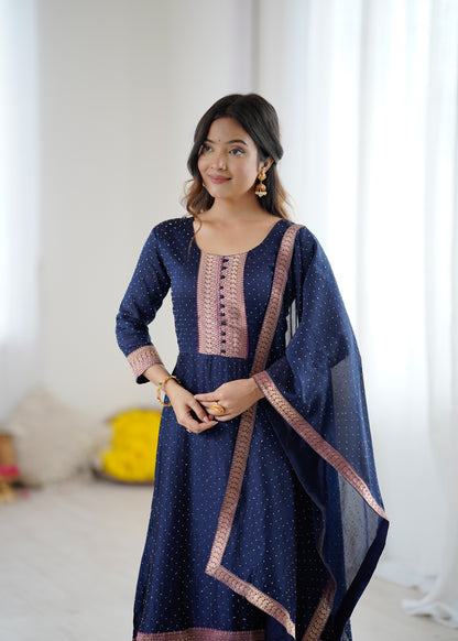 Premium Quality Neavy Blue Bluming Vichitra fabric with Jacquard Weaving Lace Border Duptta Gown
