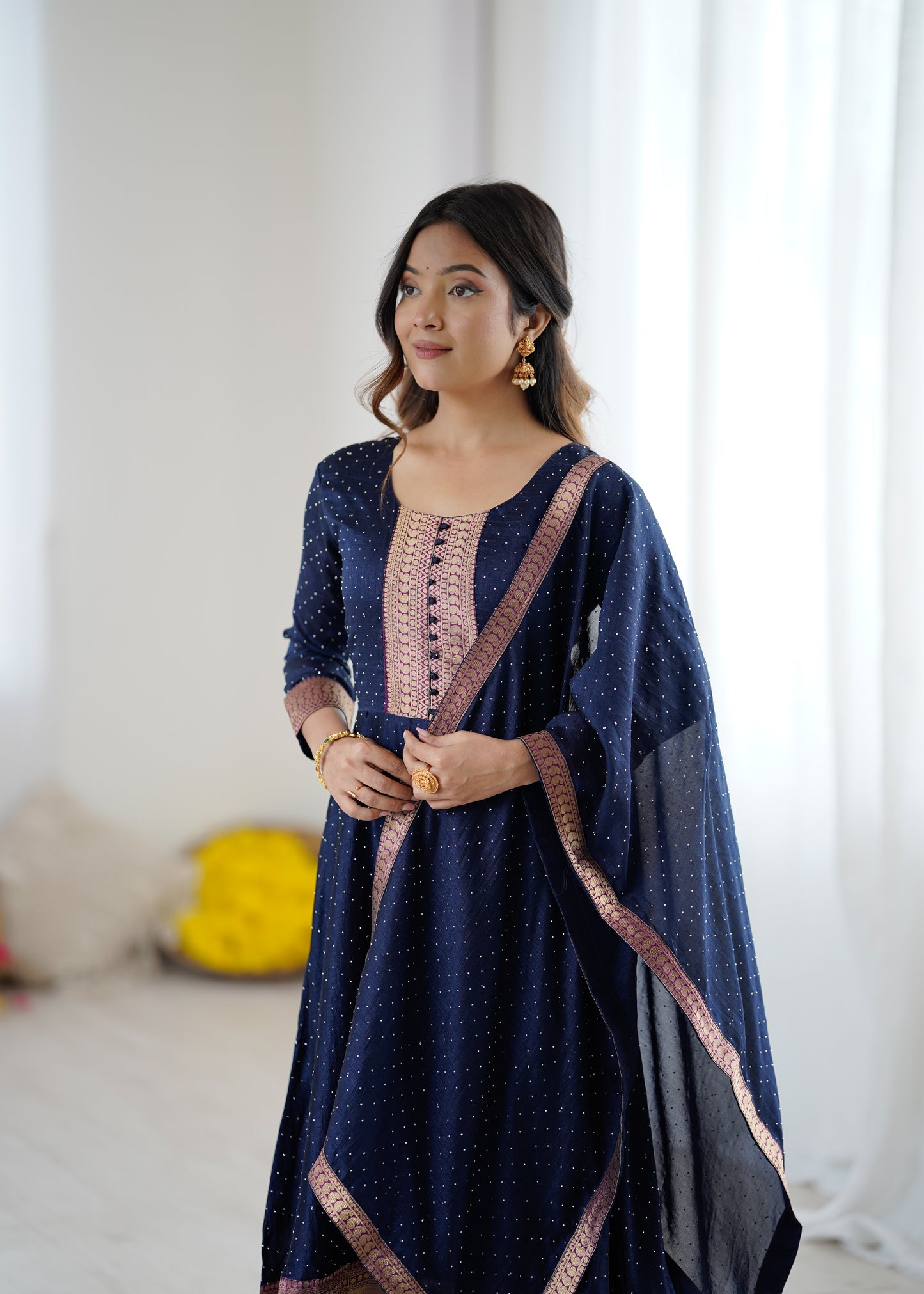 Premium Quality Neavy Blue Bluming Vichitra fabric with Jacquard Weaving Lace Border Duptta Gown