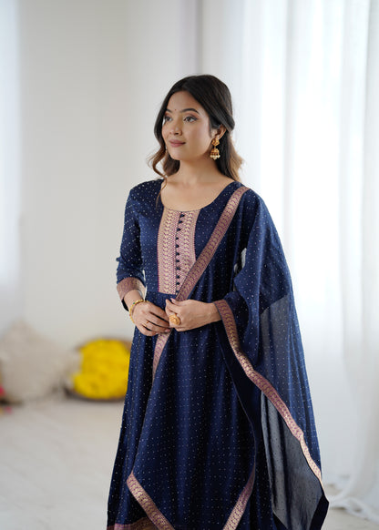 Premium Quality Neavy Blue Bluming Vichitra fabric with Jacquard Weaving Lace Border Duptta Gown
