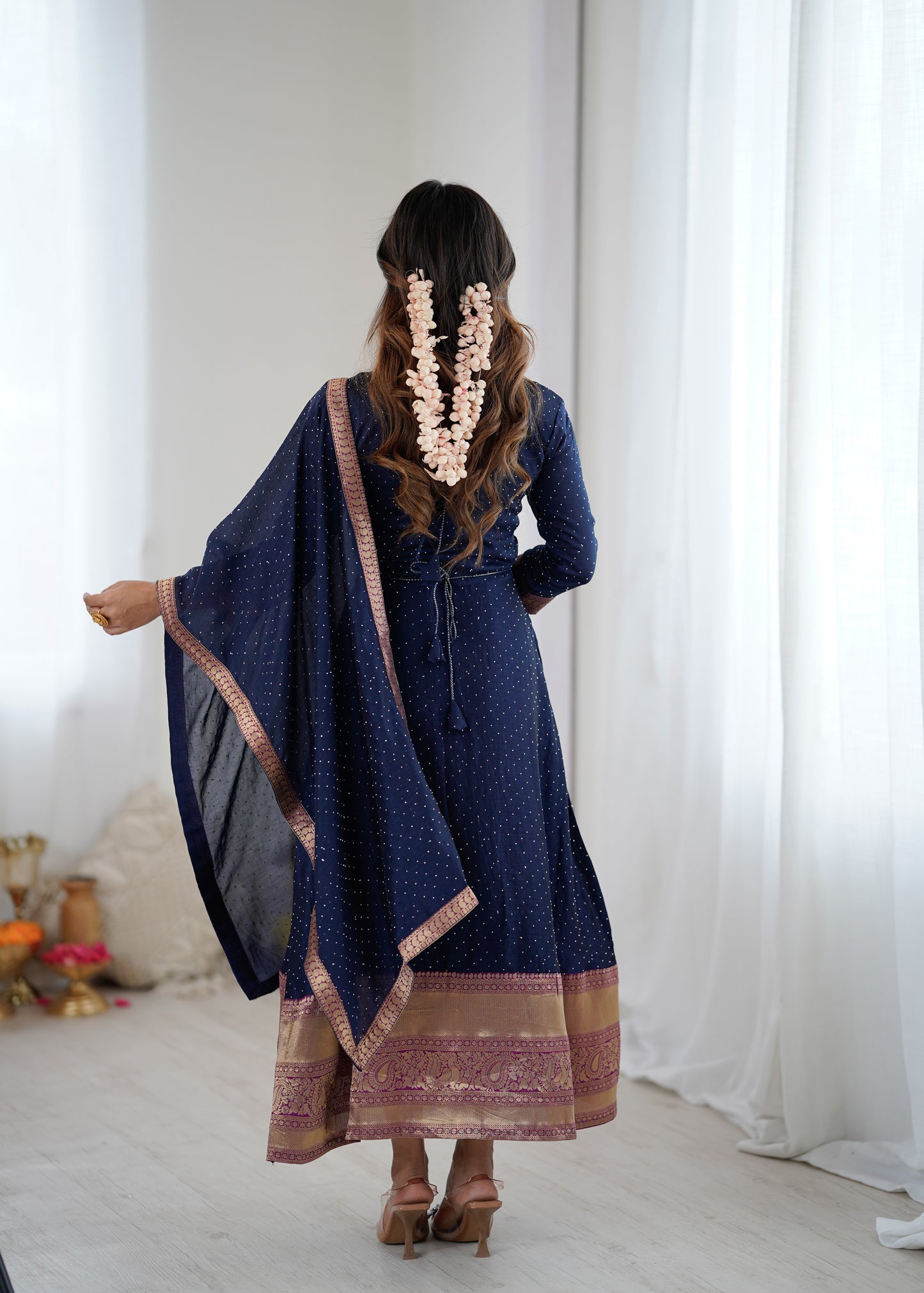 Premium Quality Neavy Blue Bluming Vichitra fabric with Jacquard Weaving Lace Border Duptta Gown