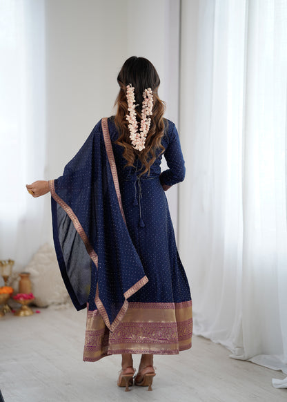 Premium Quality Neavy Blue Bluming Vichitra fabric with Jacquard Weaving Lace Border Duptta Gown