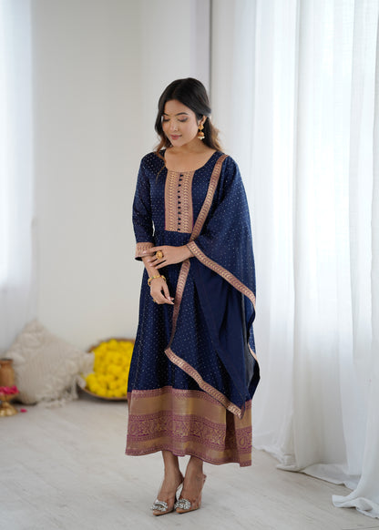 Premium Quality Neavy Blue Bluming Vichitra fabric with Jacquard Weaving Lace Border Duptta Gown