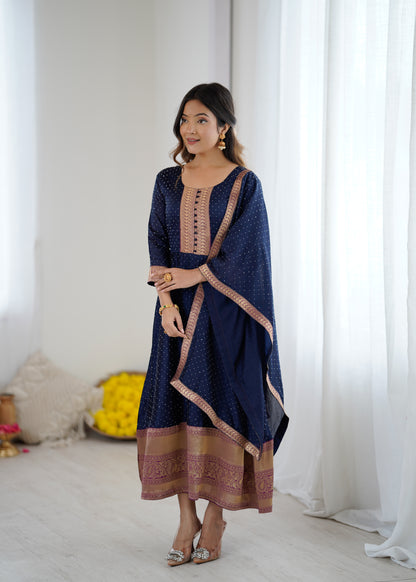 Premium Quality Neavy Blue Bluming Vichitra fabric with Jacquard Weaving Lace Border Duptta Gown