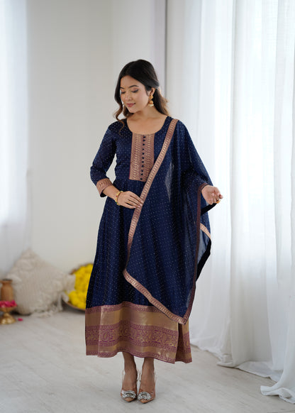 Premium Quality Neavy Blue Bluming Vichitra fabric with Jacquard Weaving Lace Border Duptta Gown