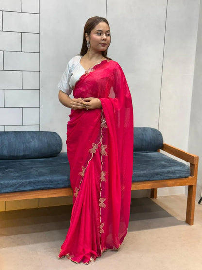 *RANI PINK BUTTERFLY 🦋 CUT DANA DIAMOND 💎 PANEL WORK SAREE*