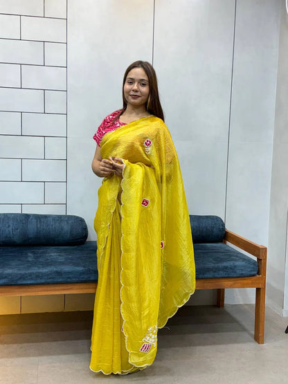 Yellow Embroidered Saree with Teal Bandhej Blouse | Soothing Ethnic Festive Wear