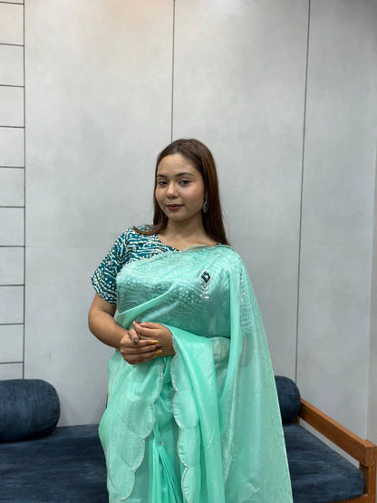 Mint Green Embroidered Saree with Teal Bandhej Blouse | Soothing Ethnic Festive Wear