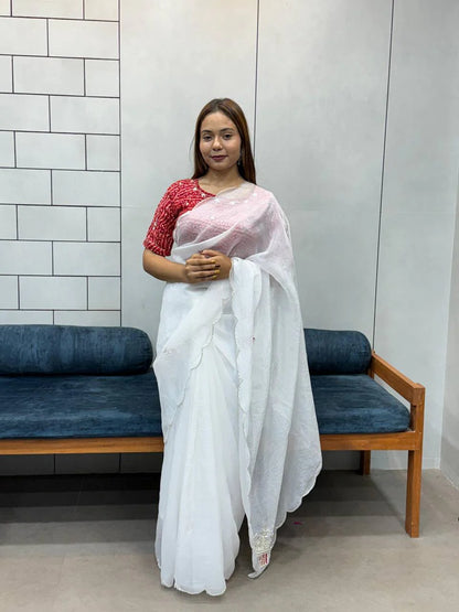 Elegant White Embroidered Saree with Red Bandhej Blouse | Classy Ethnic & Festive Wear