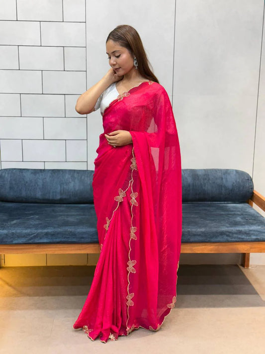*RANI PINK BUTTERFLY 🦋 CUT DANA DIAMOND 💎 PANEL WORK SAREE*