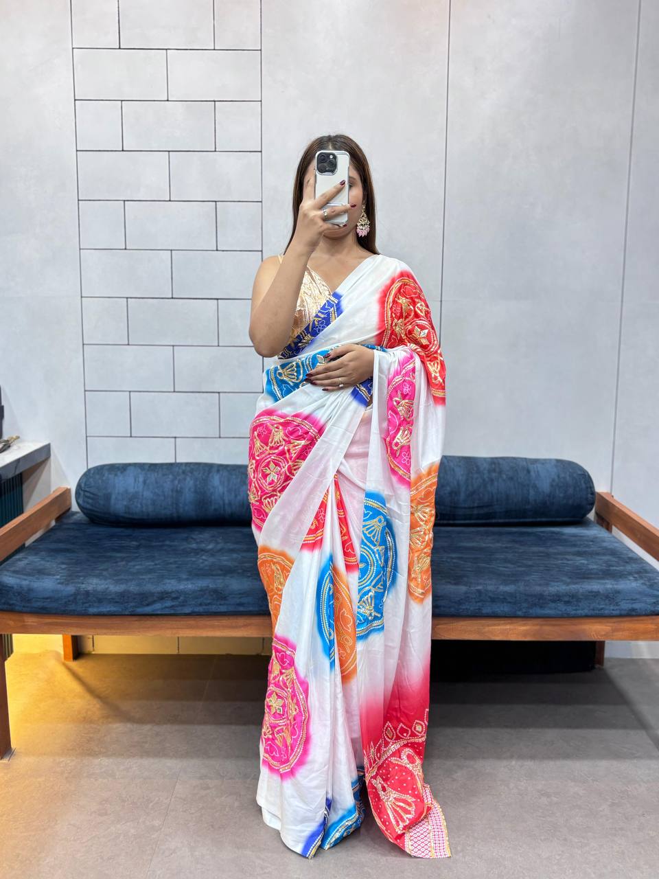 Heritage Bandhej Gaji Silk Saree with Handcrafted Gota Patti Buttas & Contrast Blouse