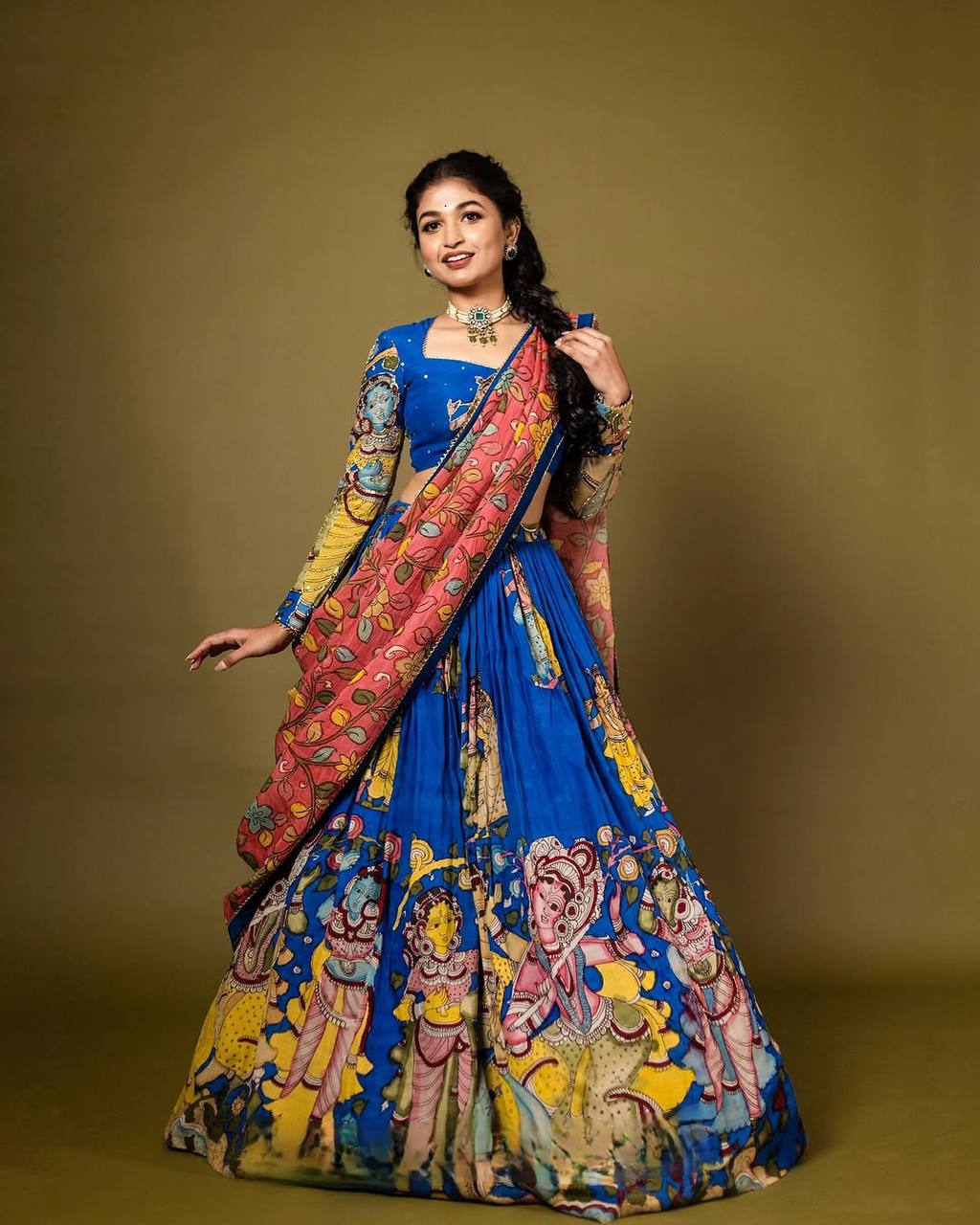 Vibrant Kalamkari Lehenga Choli Set with Multicolor Cultural Prints Regular price