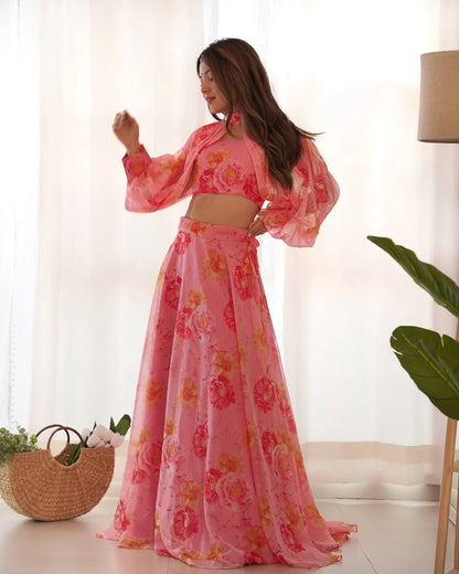 Baby Pink Color Pure Tabby Organza Printed Lehenga Choli