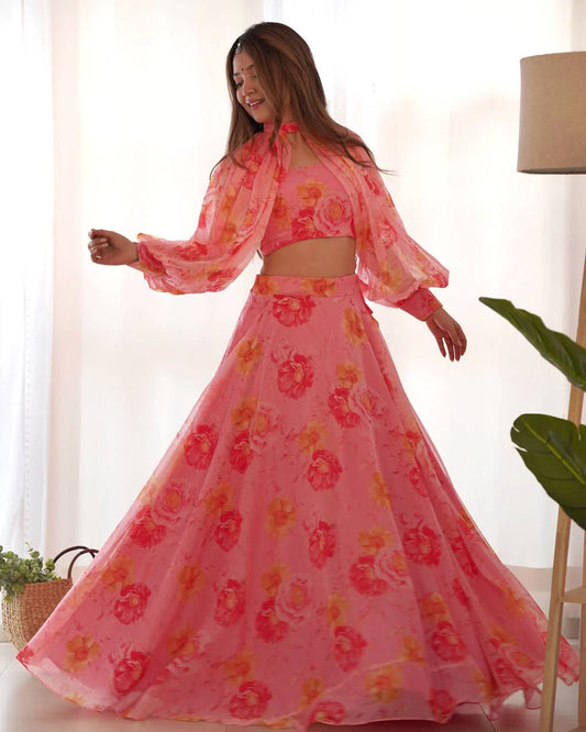 Baby Pink Color Pure Tabby Organza Printed Lehenga Choli