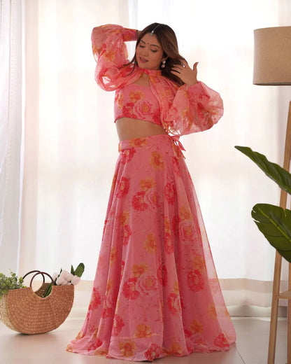 Baby Pink Color Pure Tabby Organza Printed Lehenga Choli