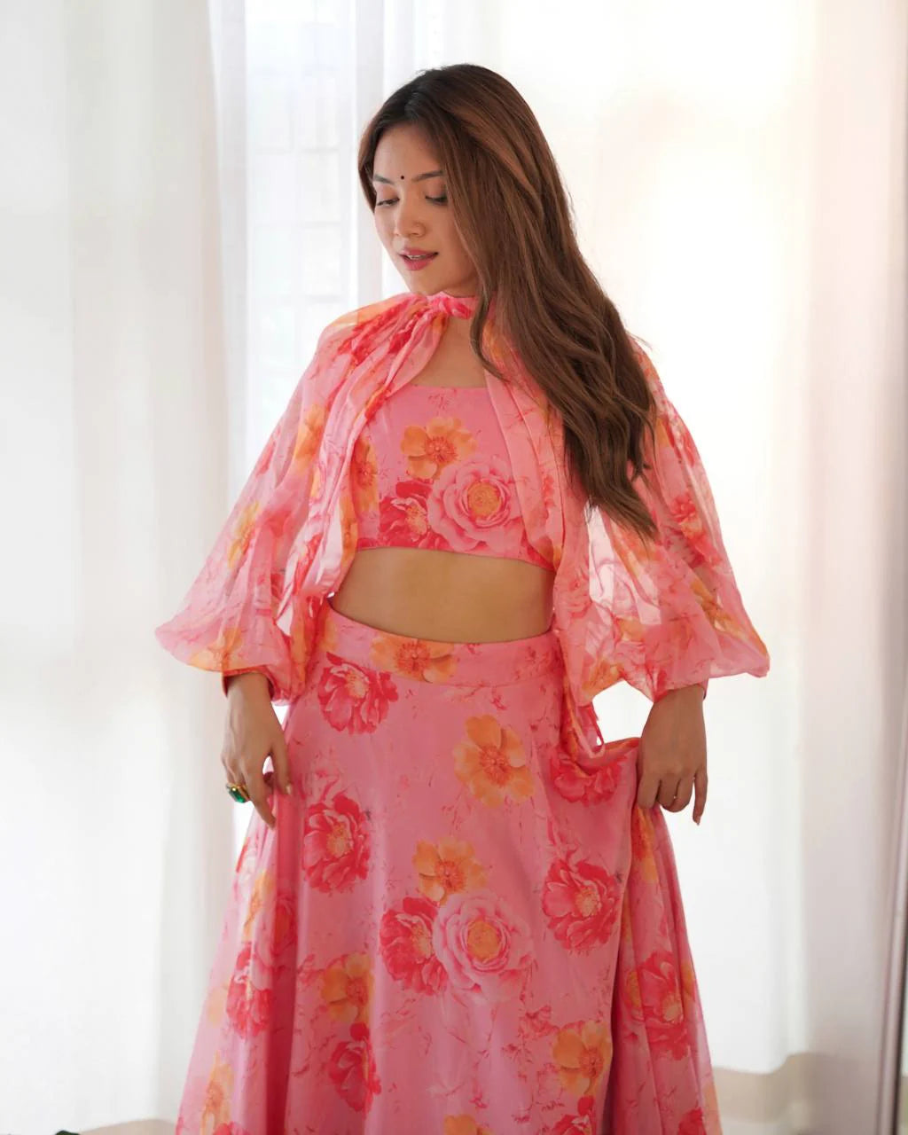 Baby Pink Color Pure Tabby Organza Printed Lehenga Choli