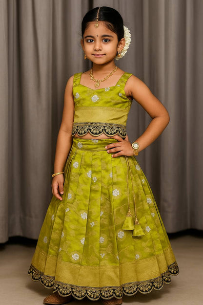 Olive Green Silk Kids Lehenga Choli with Sleeveless Blouse and Zari Embroidery Lace Border – Festive Wear