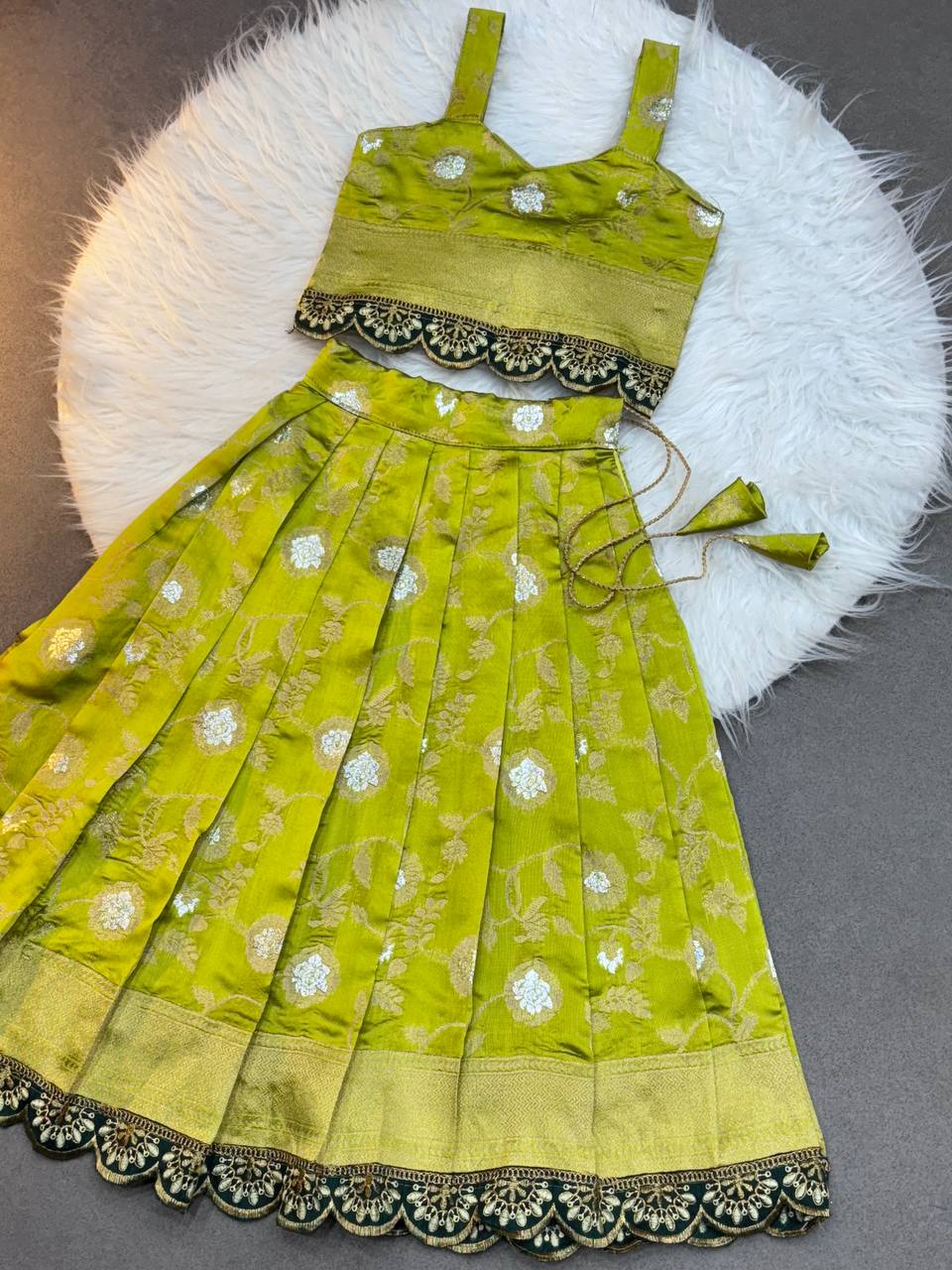 Olive Green Silk Kids Lehenga Choli with Sleeveless Blouse and Zari Embroidery Lace Border – Festive Wear