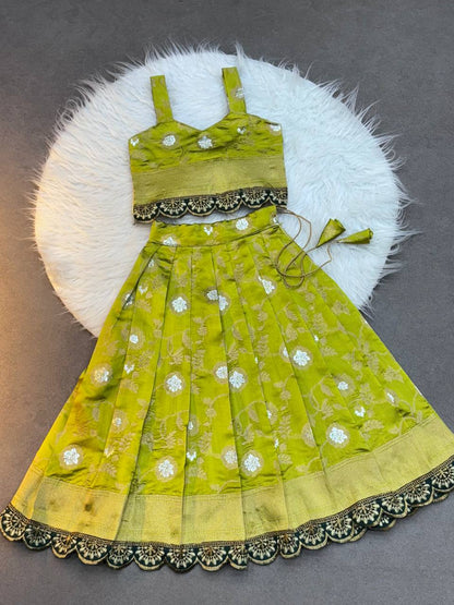 Olive Green Silk Kids Lehenga Choli with Sleeveless Blouse and Zari Embroidery Lace Border – Festive Wear
