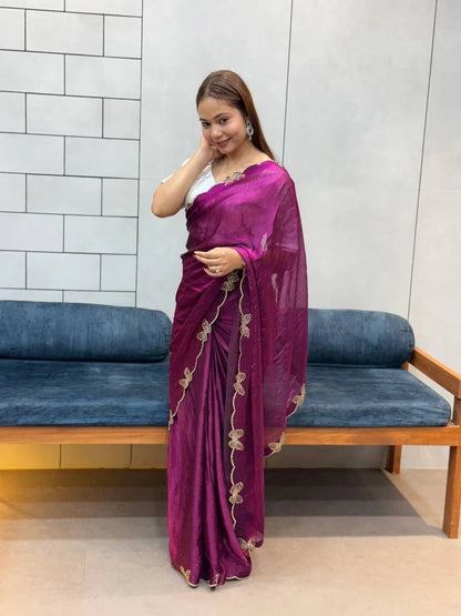 *WINE BUTTERFLY 🦋 CUT DANA DIAMOND 💎 PANEL WORK SAREE*