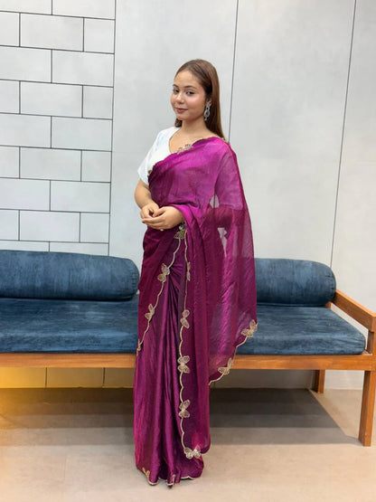 *WINE BUTTERFLY 🦋 CUT DANA DIAMOND 💎 PANEL WORK SAREE*