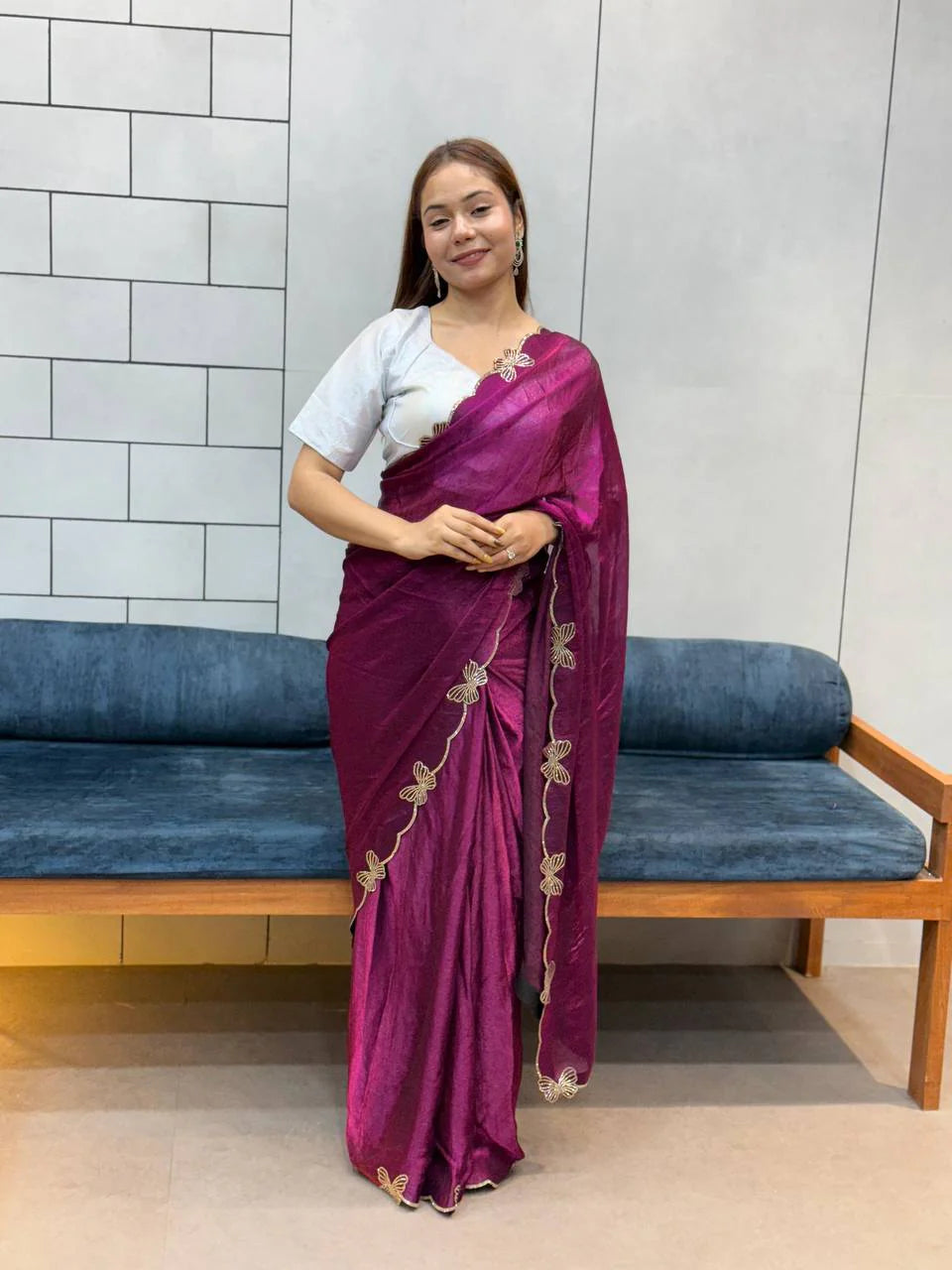 *WINE BUTTERFLY 🦋 CUT DANA DIAMOND 💎 PANEL WORK SAREE*