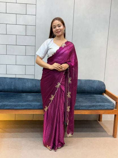 *WINE BUTTERFLY 🦋 CUT DANA DIAMOND 💎 PANEL WORK SAREE*