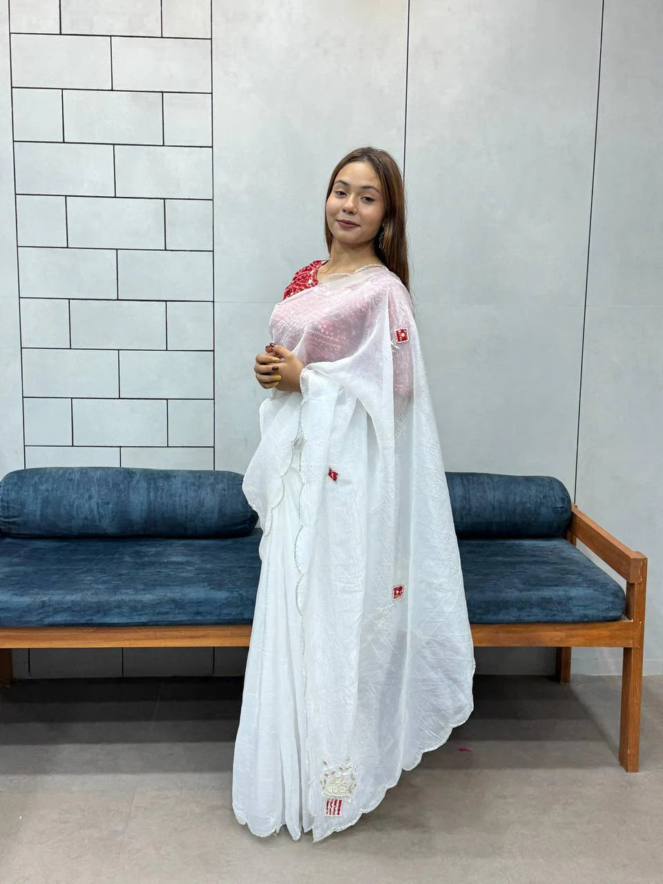 Elegant White Embroidered Saree with Red Bandhej Blouse | Classy Ethnic & Festive Wear