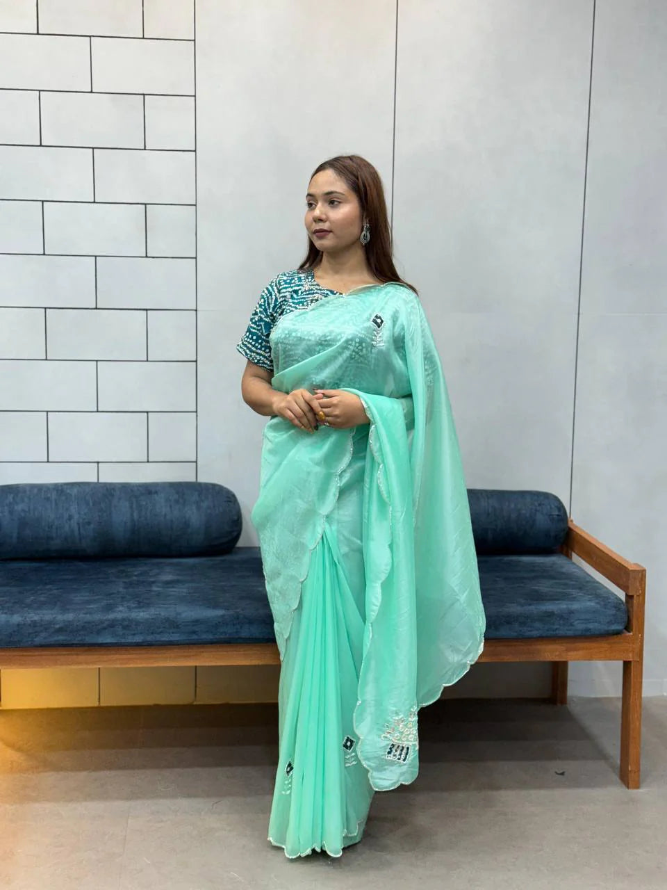 Mint Green Embroidered Saree with Teal Bandhej Blouse | Soothing Ethnic Festive Wear