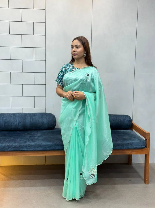Mint Green Embroidered Saree with Teal Bandhej Blouse | Soothing Ethnic Festive Wear